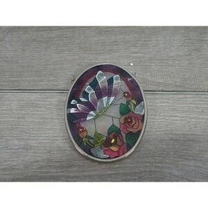 AMIA Handpainted Glass Suncatcher Butterfly and Roses Oval Window Hanging 4.5"